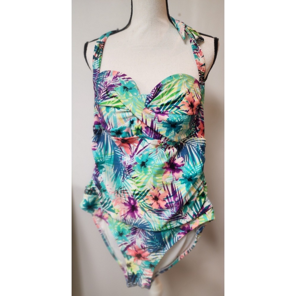 Catalina Swimsuit Women's ‎ One Piece Floral Hawaiian Halter Top Ruched  XL/XG